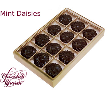 Our mint daisies are made from only two ingredients: pure dark chocolate and natural extract of peppermint. No white fondant, no invert sugar and no artificial flavors. And because we use an excellent Belgian couverture, our mints are semi-sweet, and silky smooth.